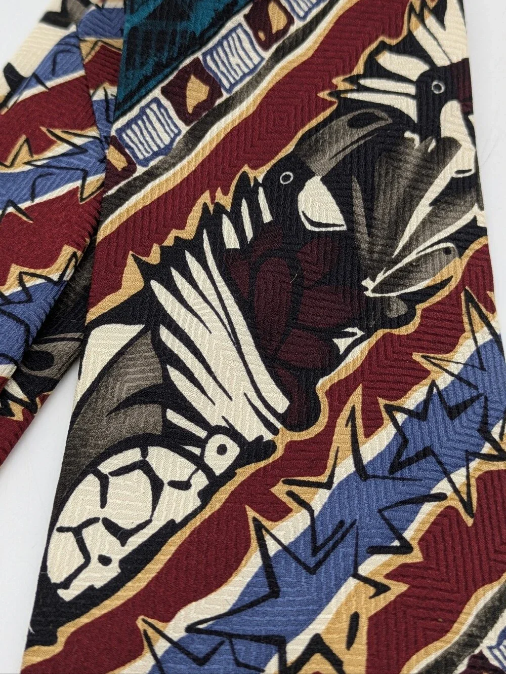 Vintage X'Andrini Red Blue Turtle Bird Star Silk Tie